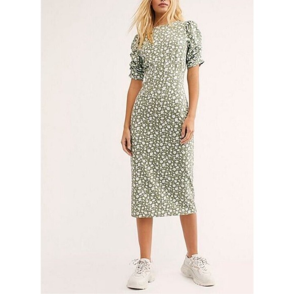 Free People Dresses & Skirts - Free People Prairie Floral Rosie Knit Green Midi Dress‎ Sz L